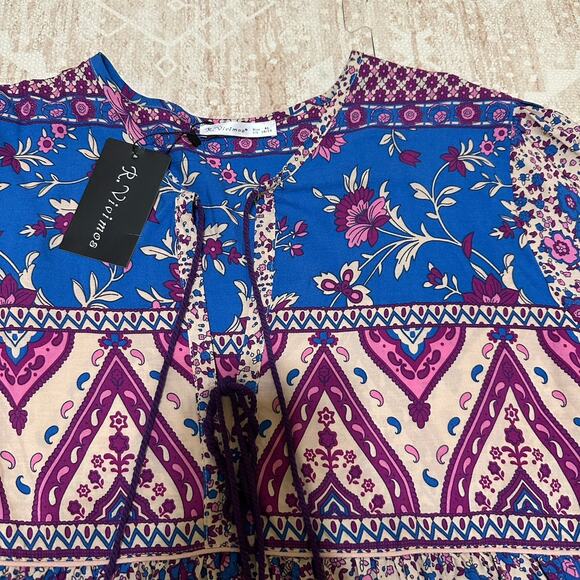 NWT R.Vivimos Long Sleeve Floral Retro V Neck Tassel Bohemian Dresses, XL 16/18 - Picture 10 of 11
